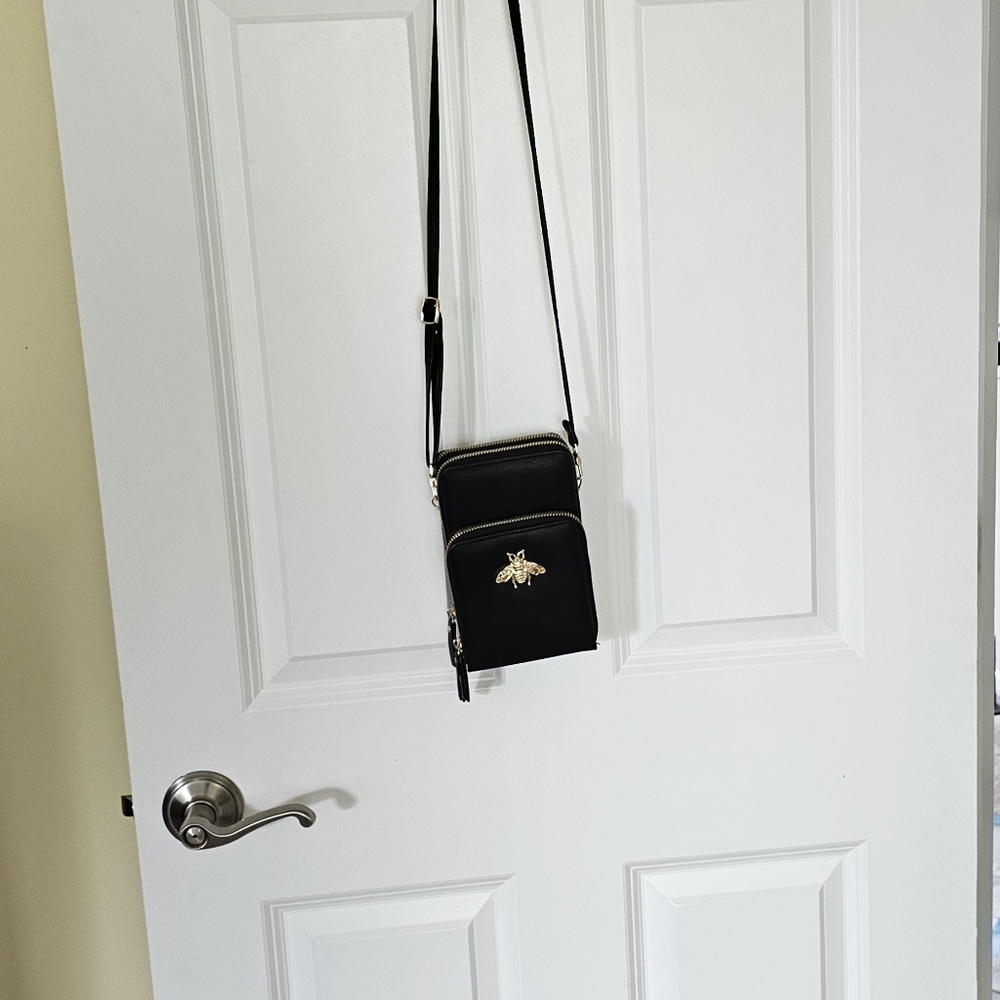 Black Crossbody Bag with Gold Bee Accent